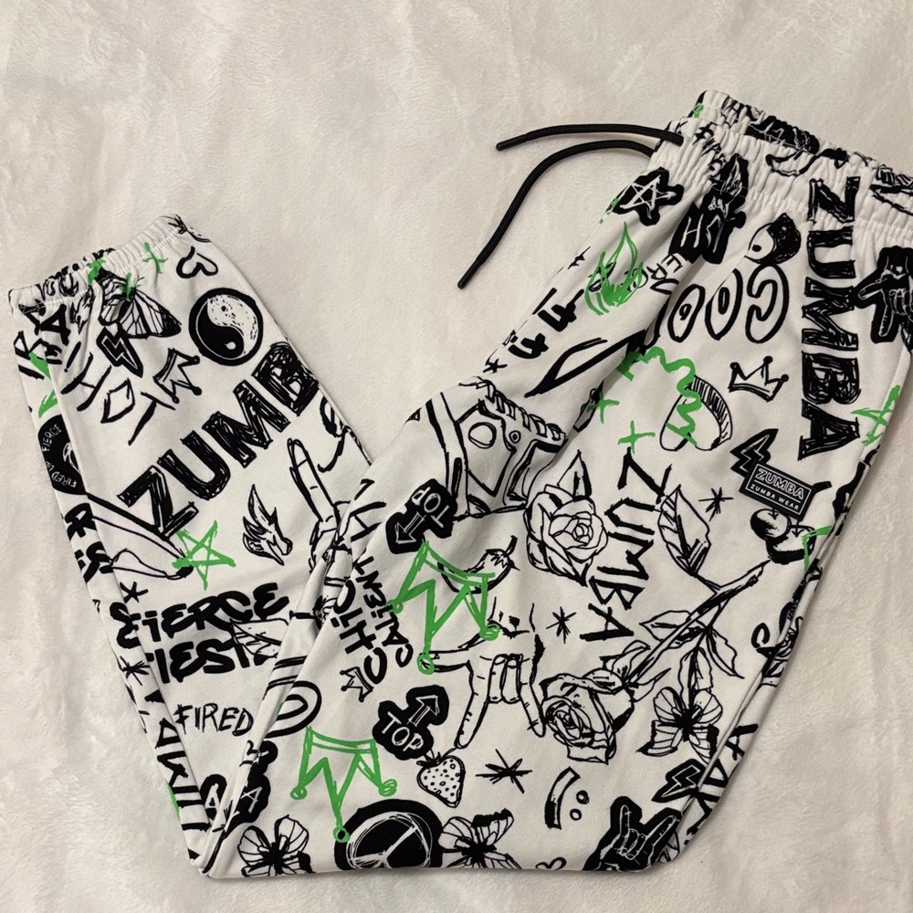 Zumba Fitness Sweatpants - White and Black with Green Accents